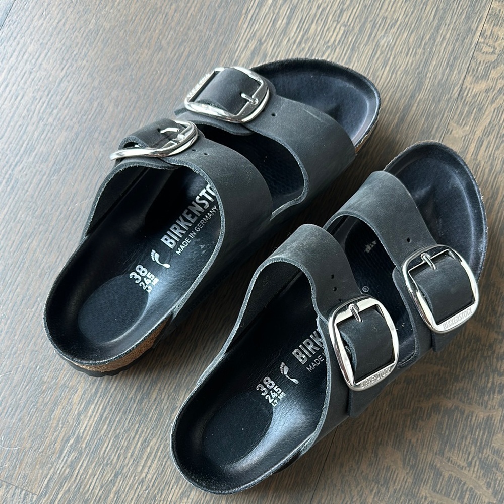 Birkenstock Arizona Big Buckle Leather Sandals, Silver Buckle, Black, 38